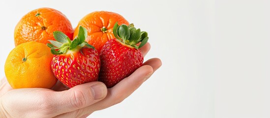 Poster - Fresh strawberries, oranges, and apples held in a hand on a white background for a healthy food copy space image.