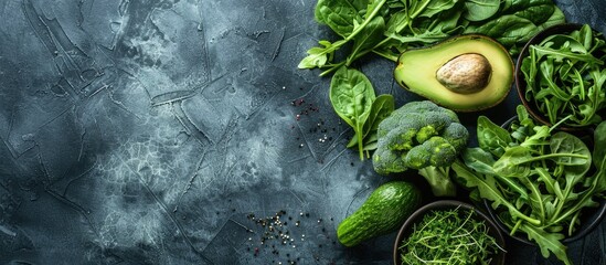 Wall Mural - An assortment of fresh green vegetables like avocado, lettuce, spinach, and arugula arranged on a table, perfect for a healthy meal or snack with a rustic background for a top view copy space image.