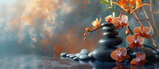 Poster - Asian alternative medicine is depicted in a serene spa setting featuring flowers, pebbles, and a tranquil space with room for text or graphics.
