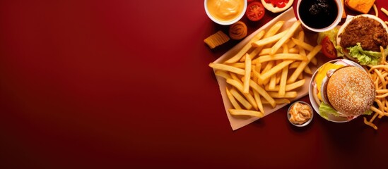 Sticker - Top view of fast food take away with a sandwich, potato fries, cola with ice, and chips displayed, featuring copy space image.