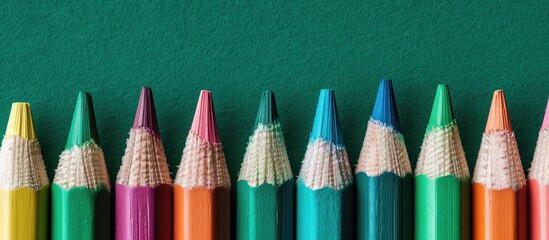 Poster - Wooden pencils with colored points are arranged in a row on a green background producing a vibrant and lively copy space image.