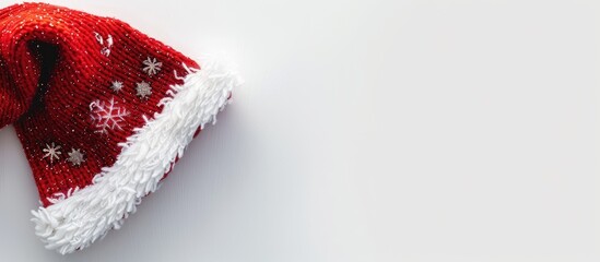Poster - High angle shot of a red Christmas hat on a white background featuring copy space on the left side of the image.