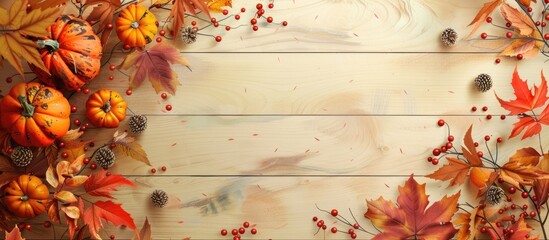 Canvas Print - Wooden background with autumn leaves, pumpkin, and Thanksgiving day, featuring copy space image.