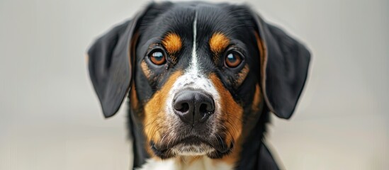 Poster - Portrait of an Entlebucher Sennenhund with white backdrop, includes copy space image.