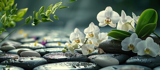 Poster - Asian alternative medicine is depicted in a serene spa setting featuring flowers, pebbles, and a tranquil space with room for text or graphics.