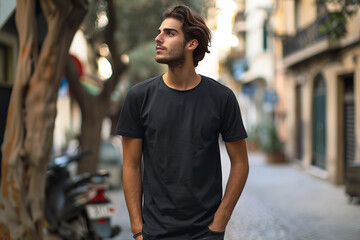 A young male model showcases a black t-shirt mockup on a street in daylight, serving as a template for design prints