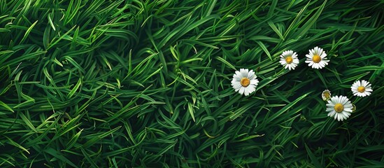 Sticker - Chamomile flowers set on a lush green grass backdrop, ideal for a nature-themed copy space image.