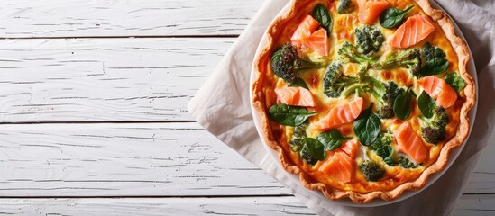 Poster - Top-down view of a quiche tart containing smoked salmon, broccoli, and spinach on a white wooden background, designed for a copy space image.