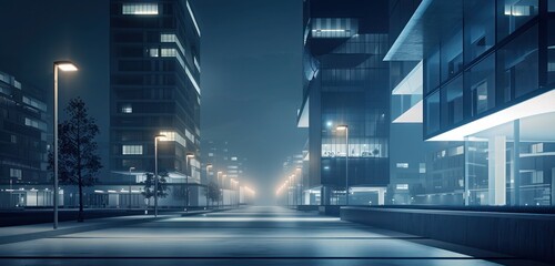 Wall Mural - Minimalist portrait of a modern city at night, focusing on the geometric patterns of the buildings and street lights.