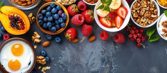 Aufkleber - A top view of a nutritious breakfast displayed on a grey backdrop, highlighting the combination of taste and healthiness with room for text or images.