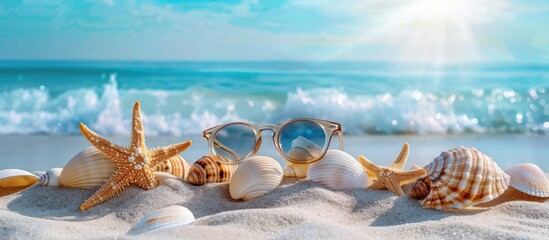 Poster - A summer-themed image of sandy beach with seashells, starfish, and sunglasses, ideal for summer vacation concepts.