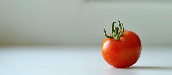 Poster - Close-up view of a single red tomato on a white background with selective focus and copy space image available.
