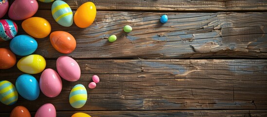 Poster - Colorful plastic Easter eggs displayed on a wooden background with space for your own image.