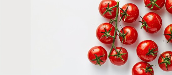 Poster - Fresh red tomatoes arranged with copy space image on a white background, showcasing their food composition in a flat lay.