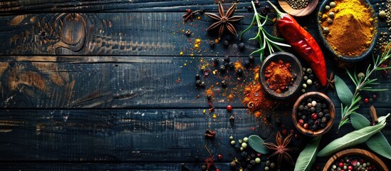 Poster - Various spices arranged on a dark wooden surface with copy space image.