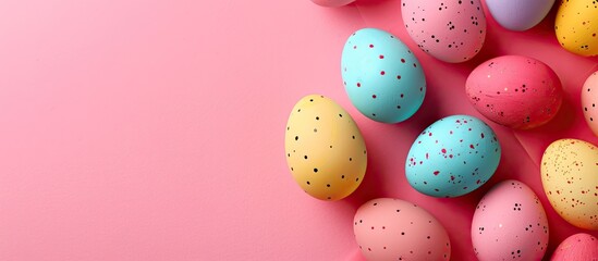 Poster - Colorful Easter eggs on textured pink paper background with ample copy space image for text, captured from a top view in a flat lay style with a close-up shot.