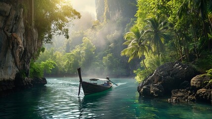 Wall Mural - Serene Tropical Riverboat Adventure through Lush Jungle and Misty Mountains. Tranquil Green Waters and Majestic Cliffs in a Natural Paradise for Travel and Exploration. Nature Background. AI
