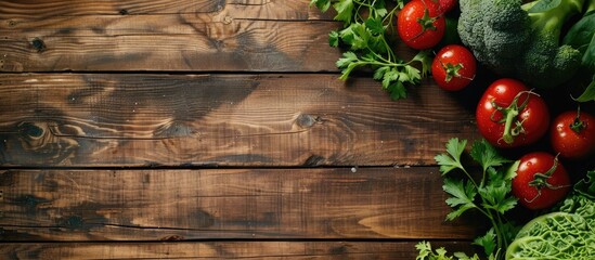 Poster - A variety of fresh vegetables displayed on a dark wooden surface with ample space for additional content or text insertion in the image.