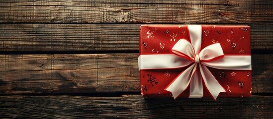 Aufkleber - Gift box adorned with a classic red and white ribbon bow, suitable for vintage themes, with room for copy space image.
