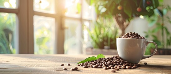 Wall Mural - Coffee cup filled with beans, milk, and tree on the table with a background featuring copy space image.