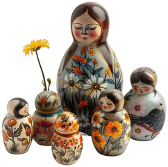 group of nesting dolls with a flower in a vase