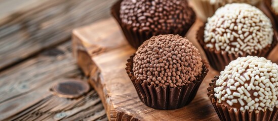 Poster - Gourmet Brazilian tradition known as Brigadeiro or Brigadier Bola Meses, featuring chocolate egg. Ample copy space image available.