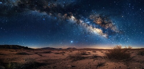 Wall Mural - Nighttime landscape of a desert with a clear view of the Milky Way, emphasizing the solitude and beauty of the wilderness.