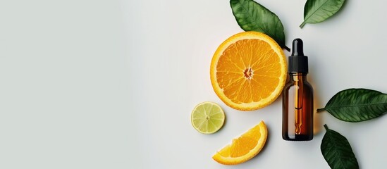 Sticker - White background showcasing a Vitamin C serum bottle with dropper and an orange, presenting a health care concept with available copy space image.