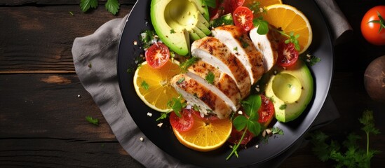 Poster - Copy space image featuring a delectable ketogenic salad with chicken, herbs, and citrus fruits.