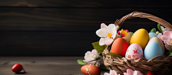 Aufkleber - Easter holiday concept featuring Easter eggs in a basket and rope, adorned with paper flowers on a wooden background with copy space image.