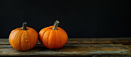 Poster - Halloween-themed image with two pumpkins displayed on a rustic wooden table against a black backdrop, ideal for autumn and Halloween themes, with room for additional content.