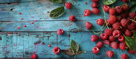 Sticker - Scattered ripe raspberries on aged blue wood backdrop with copy space image.