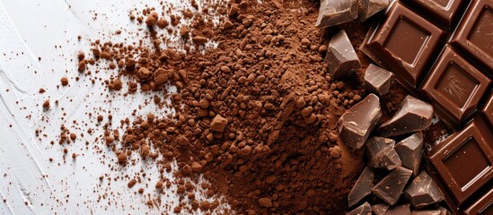 Poster - Capture a bird's eye view of delicious chocolate chunks and cocoa powder, with ample copy space image.