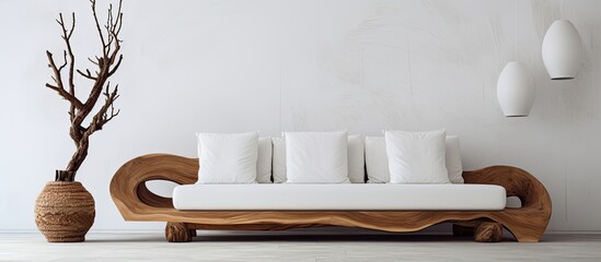 Sticker - A contemporary living room features a white couch with a unique knot pillow and wooden furniture, with a blank wall offering copy space for images.