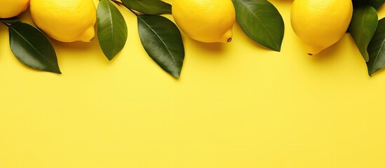 Poster - Vibrant lemons on a sunny yellow backdrop with citrus leaves, a minimalistic concept with space for text, ideal for a fresh and creative summer vibe