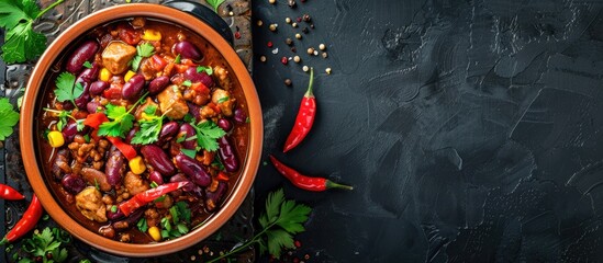 Poster - Top view of a classic Mexican dish, chili con carne, with copy space image.