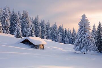 Wall Mural - Serene winter scene with snow-covered trees and a small cabin, conveying peace and quiet.