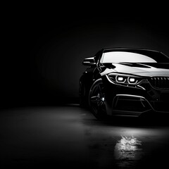 Wall Mural - Partial view of a modern car with illuminated headlights on a grey and black gradient background.