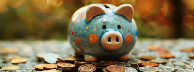 Wall Mural - A piggy bank filled with coins symbolizing savings.