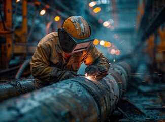 Wall Mural - Welder Working on a Large Metal Pipe in a Factory