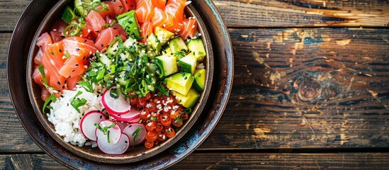 Aufkleber - Hawaiian poke bowl featuring raw fish with rice, avocado, cucumber, and radish on a wooden surface with ample copy space image.