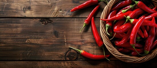 Poster - Basket with red hot chili peppers on wooden table with copy space image