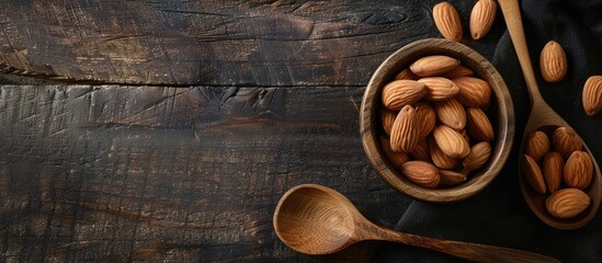 Poster - Copy space image of almonds on a wooden cup and spoon.