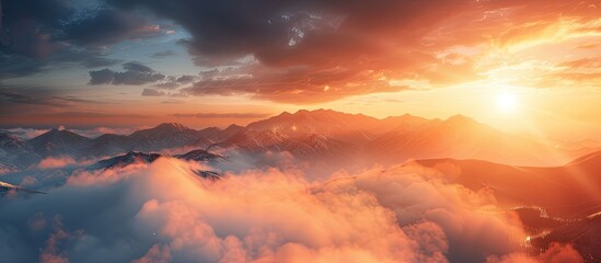 Poster - A stunning sunrise in the mountains with a large fog floating over the high mountain scenery, creating a captivating copy space image.