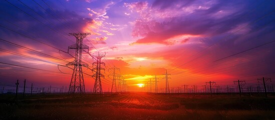 Sticker - Electric Towers Silhouetted Against a Vivid Sunset