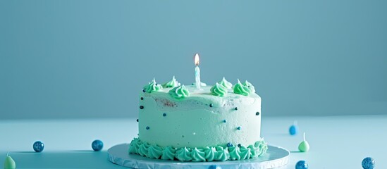 Poster - Copy space image of a cake adorned with abstract green and blue decorations, featuring a single candle.