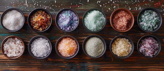 Poster - A lineup of bath salts and mineral salts displayed neatly on a dark wooden table, ideal for a copy space image.