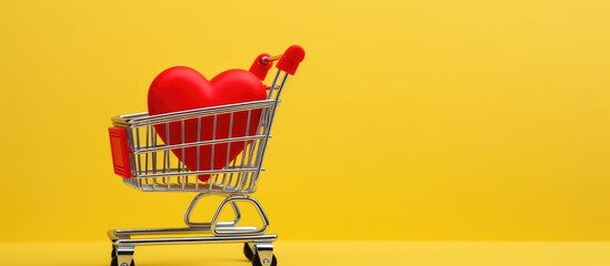 Canvas Print - Valentine's Day concept - Red heart in a shopping trolley on a yellow backdrop with copy space image