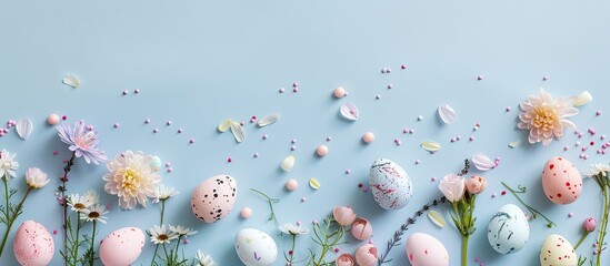 Poster - Pastel colored Easter decorations including eggs, candy, flowers, and eggshells adjust on a light background in an arrangement allowing for text or other elements - copy space image.