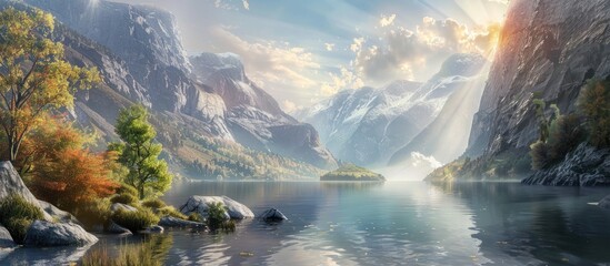Poster - Immerse yourself in the natural beauty of mountains and a majestic canyon, experiencing awe and wonder at the breathtaking landscape. Enjoy the calm river flow view with copy space image.